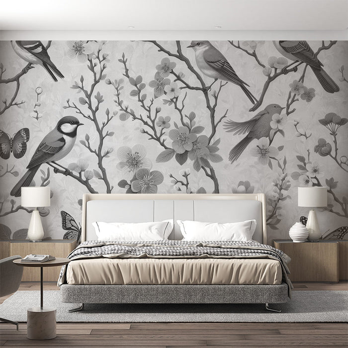 Papel de parede de mural | Flores de cerejeira, borboletas e pássaros de cores suaves