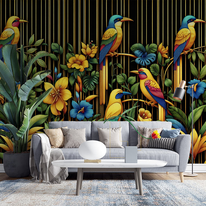 Papel de parede com mural de pássaros | Fundo preto com pássaros dourados
