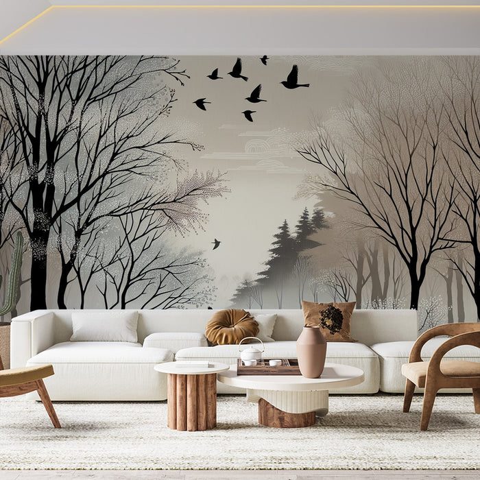 Bird Mural Wallpaper | Neutral and Soft Toned Forest