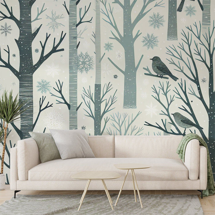 Papel de parede de mural de pássaros | Floresta nevada em tons de azul