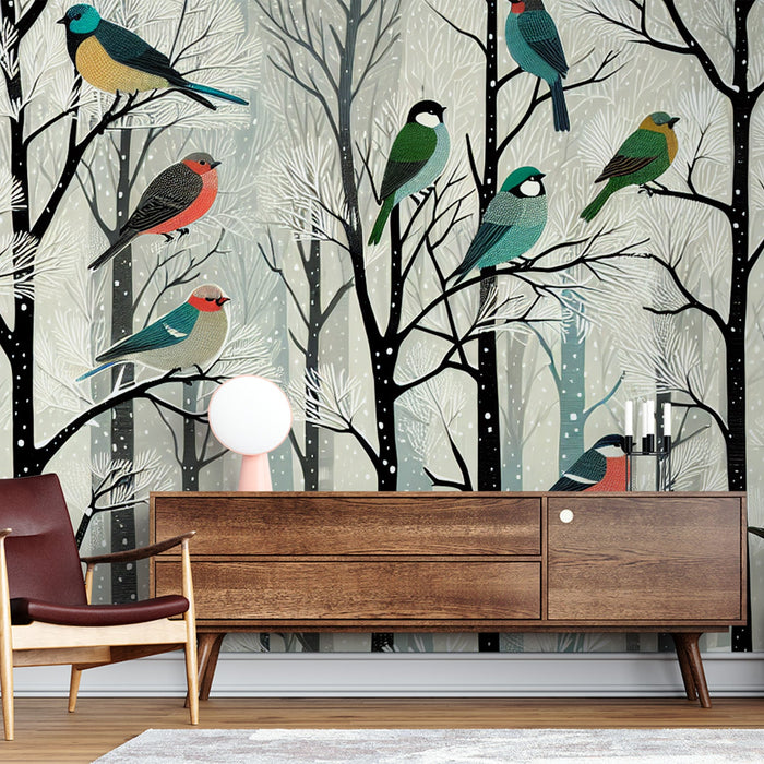 Vogel-Mural-Tapete | Schneebedeckter Wald mit bunten Vögeln
