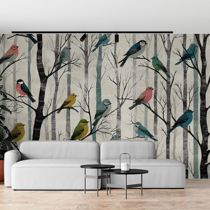 Papel pintado de pájaros | Bosque en blanco y negro con pájaros coloridos