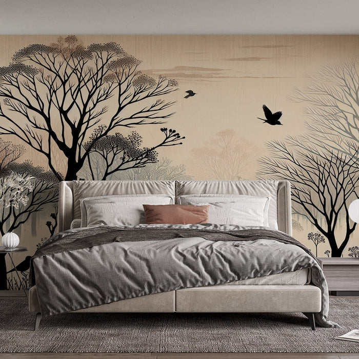 Papel de parede com mural de pássaros | Floresta vintage com árvores e pássaros