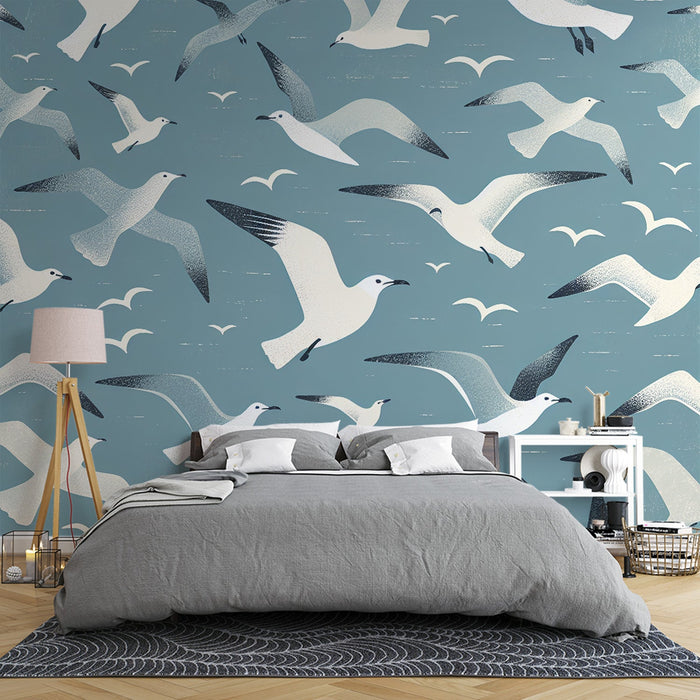 Papel de parede com mural de pássaros | Gaivotas brancas inspiradas na Bretanha