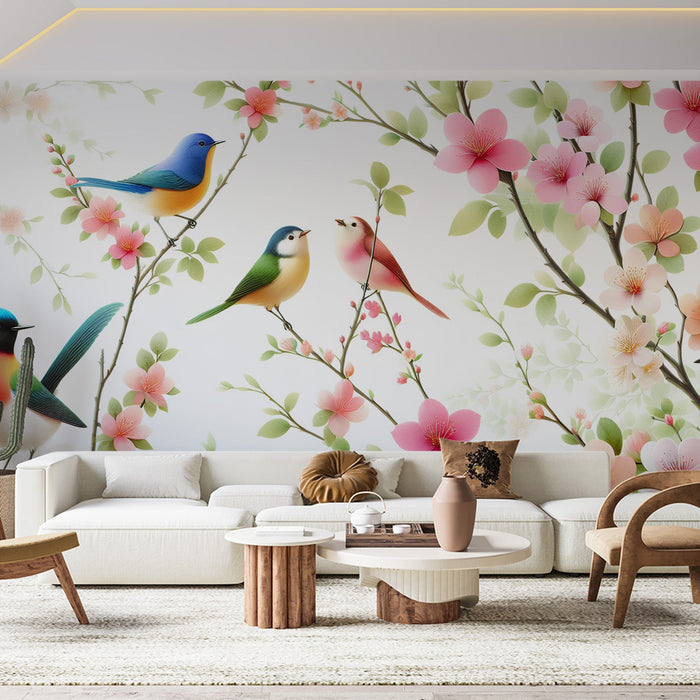 Papel de parede com mural de pássaros | Multicolorido em fundo claro
