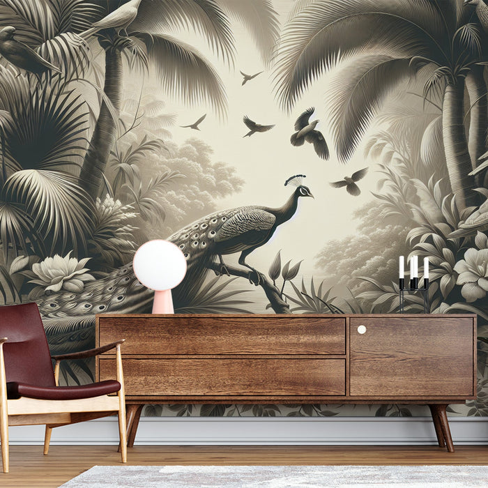 Papel de parede de mural de pássaros | Pavão vintage sob palmeiras