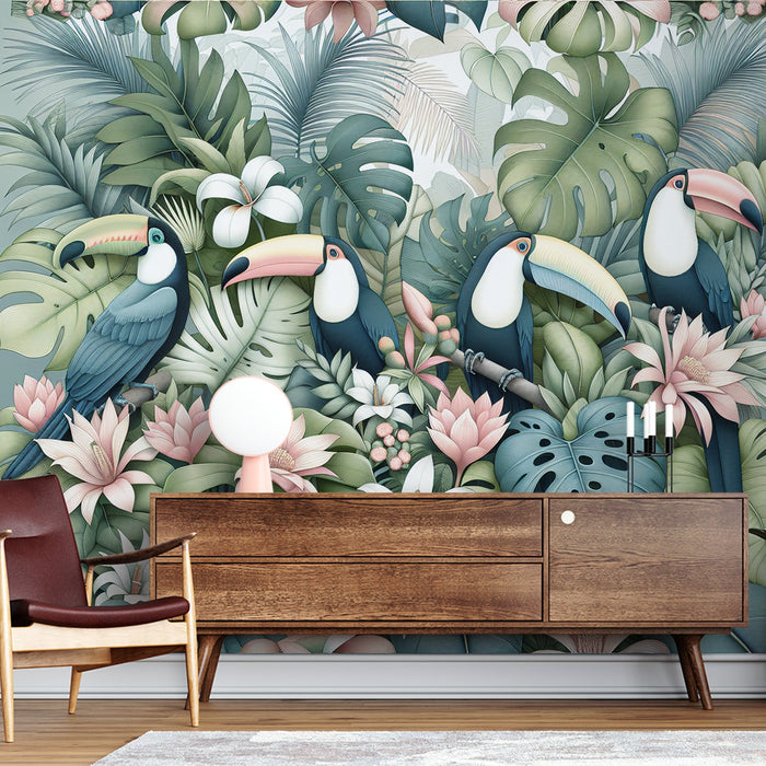 Papel de parede com mural de pássaros | Tucanos, Monstera e Folha de Palmeira