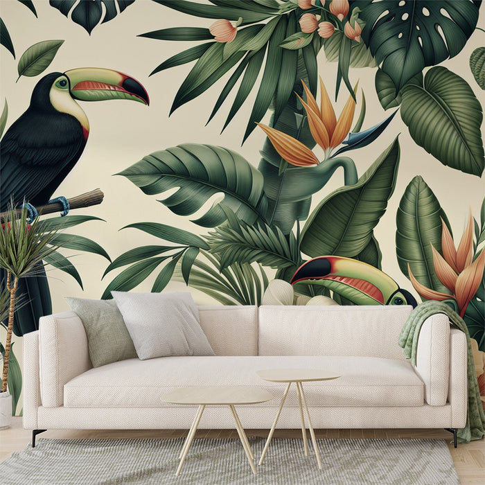 Papel de parede com mural de pássaros | Tucanos e folhagem tropical vintage