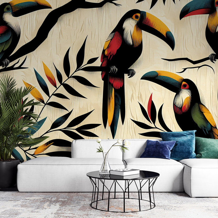 Papel de parede com mural de pássaros | Tucano Vintage de Cores Desbotadas