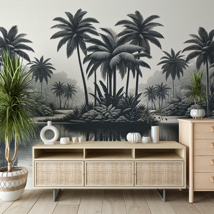 Papel pintado en blanco y negro | Oasis de palmeras con agua tranquila y zen