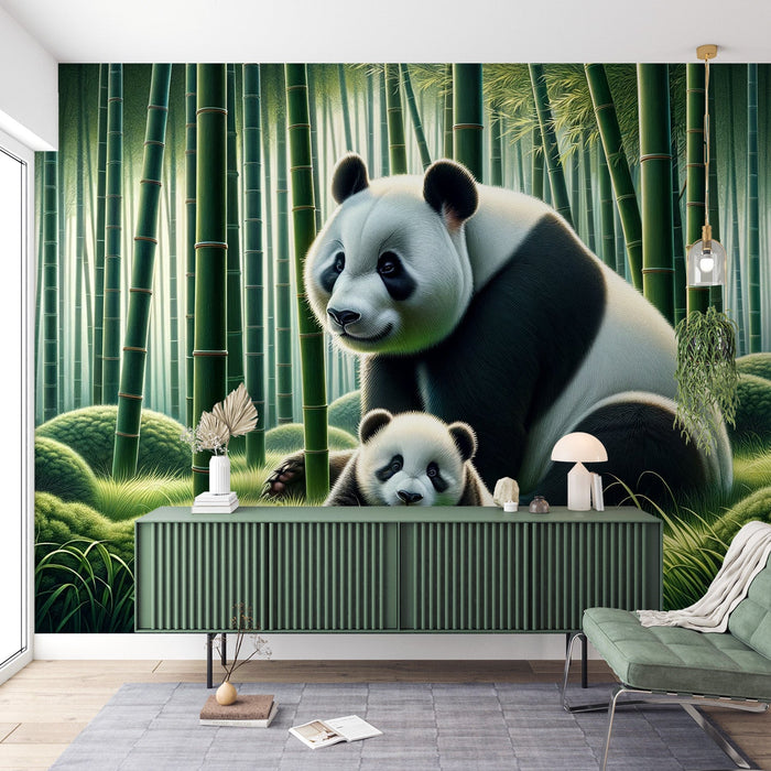 Panda Mural Wallpaper | Bamboo Forest with Mama Panda and Baby Panda