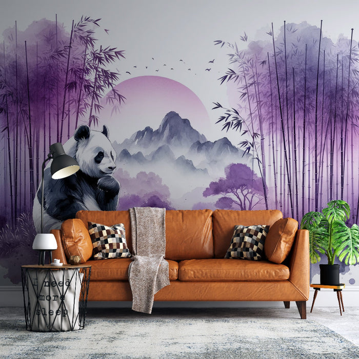 Panda Mural Wallpaper | Bamboo Forest and Purple Mountain