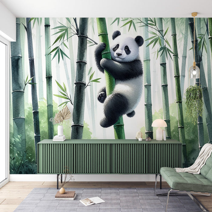 Panda Mural Wallpaper | Green Bamboo Forest with Hanging Panda