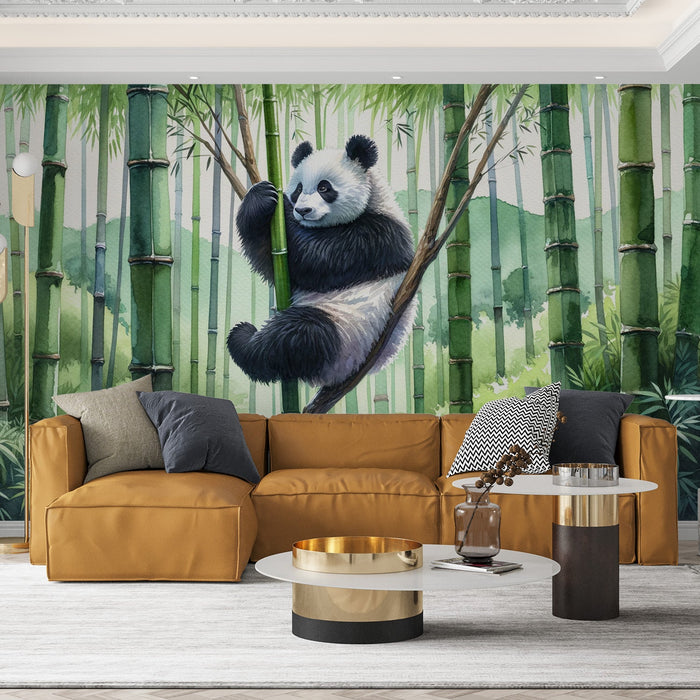 Panda Mural Wallpaper | Green Watercolor Bamboo Forest