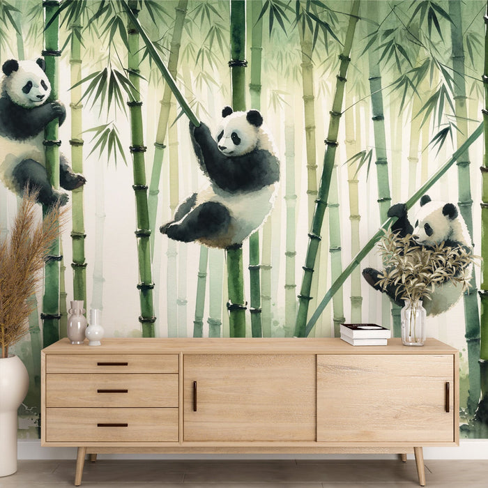 Panda Mural Wallpaper | Three pandas hanging onto their bamboo