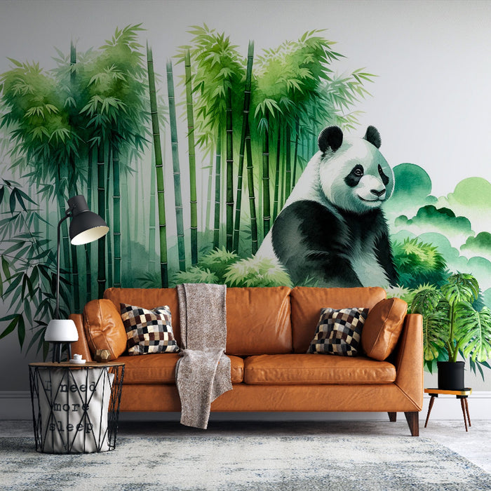 Aquarell Panda Mural Tapete | Blättriges grünes Bambus und Panda