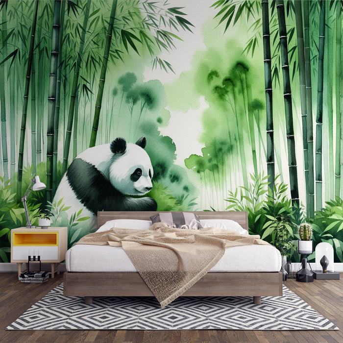 Aquarell Panda Mural Tapete | Grüner Bambuswald mit schwarz-weißem Panda