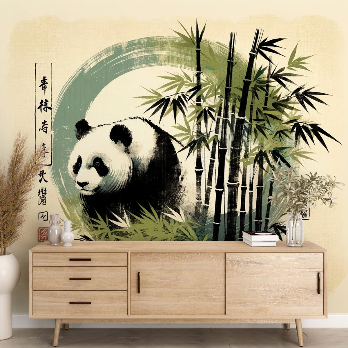 Japansk panda fototapet | Svart og grønn bambus med asiatisk skrift —  WonderMural, image size:1200x1200