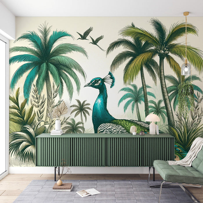 Peacock Mural Wallpaper | Drawing with Palm Trees and Foliage