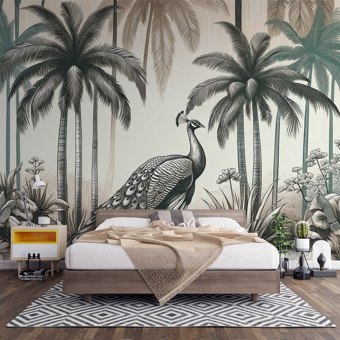 Peacock Mural Wallpaper | Palm Forest in Neutral Tones