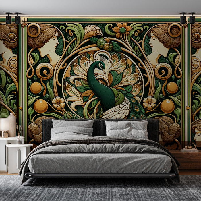 Peacock Wallpaper | Green Mural with Women's Faces