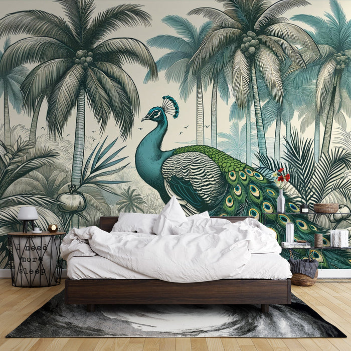 Peacock Mural Wallpaper | Palm Tree and Colorful Peacock