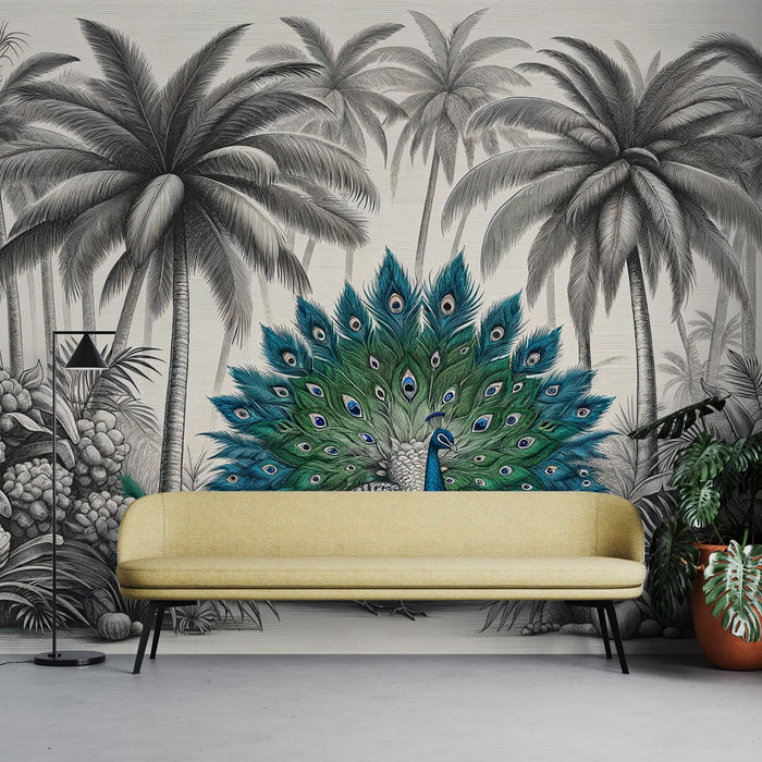 Peacock Mural Wallpaper | Black and White Palm Tree and Colorful Peacock