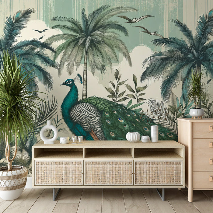 Peacock Mural Wallpaper | Palm Trees, Birds, and Clouds