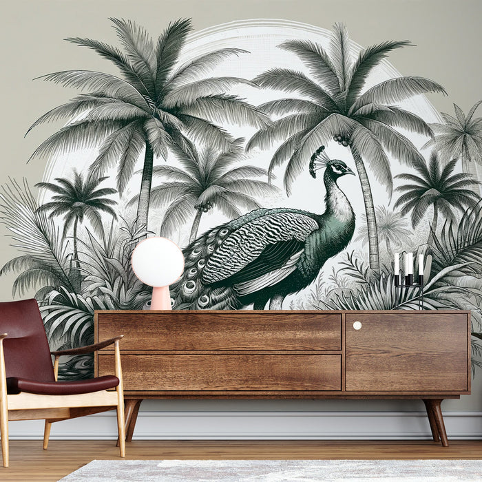 Peacock Mural Wallpaper | Neutral Tones with Palm Trees
