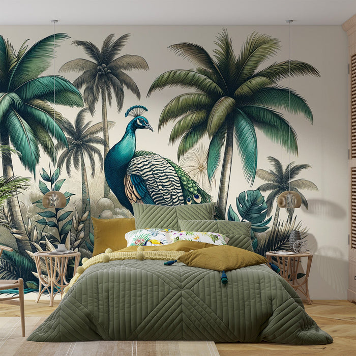 Peacock Mural Wallpaper | Neutral and Verdant Tones