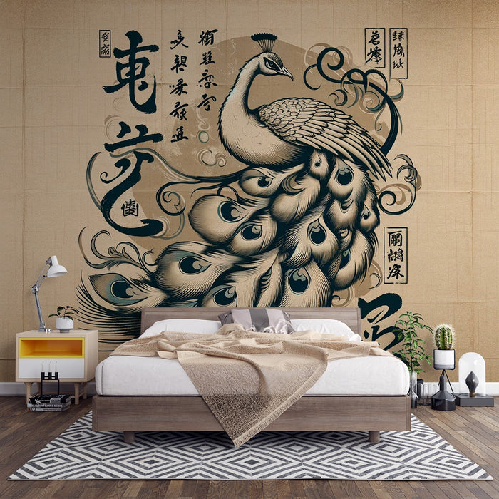 Peacock Mural Wallpaper | Vintage with Japanese Writings