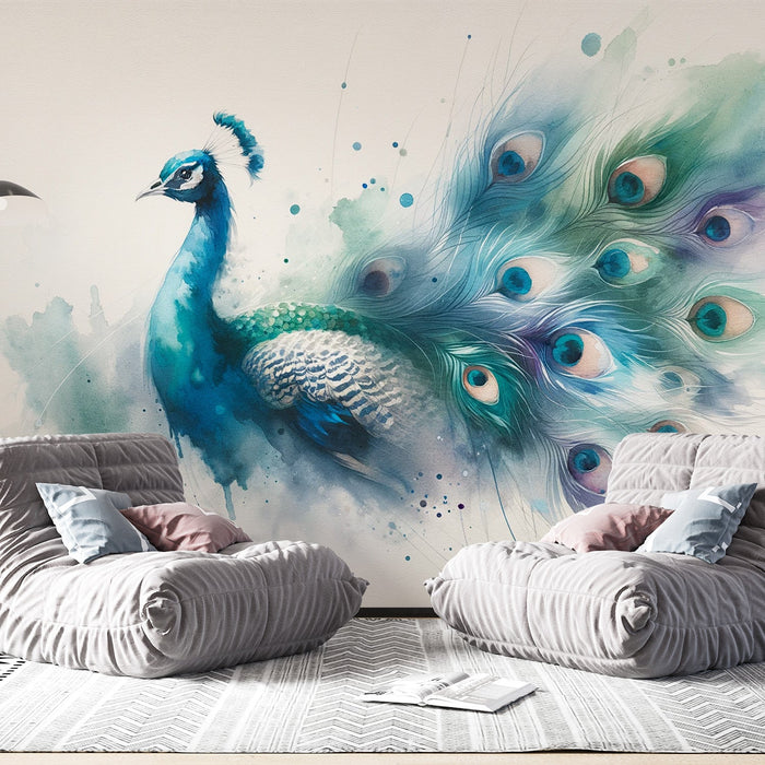 Watercolor peacock Mural Wallpaper | Colorful peacock feathers
