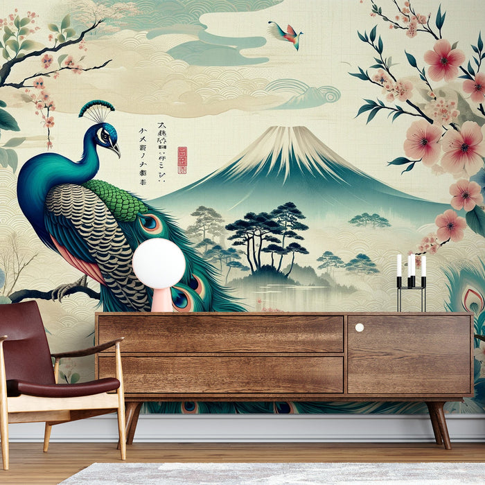 Papel de parede com mural de pavão japonês | Monte Fuji e flores tradicionais