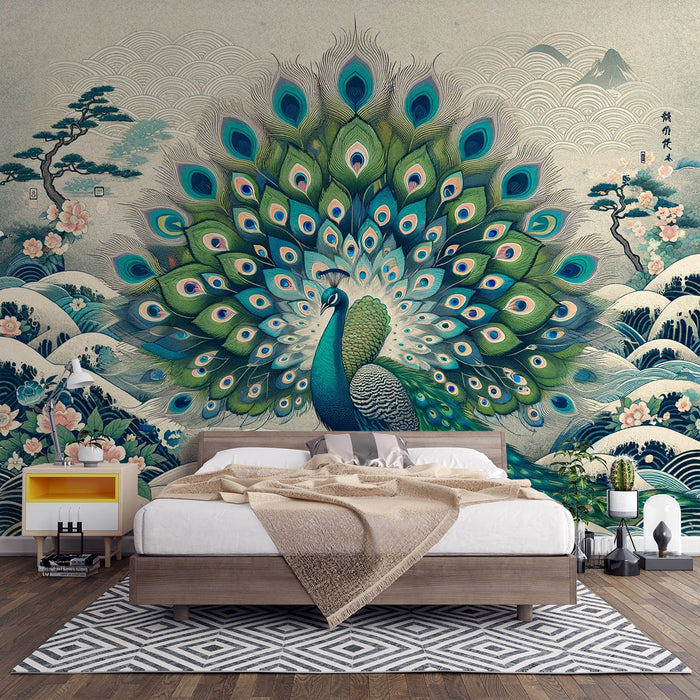 Japanese Peacock Mural Wallpaper | Japanese Wave and Bonsai