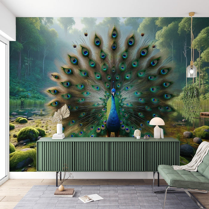 Realistic Peacock Mural Wallpaper | Forest and Peacock Feather