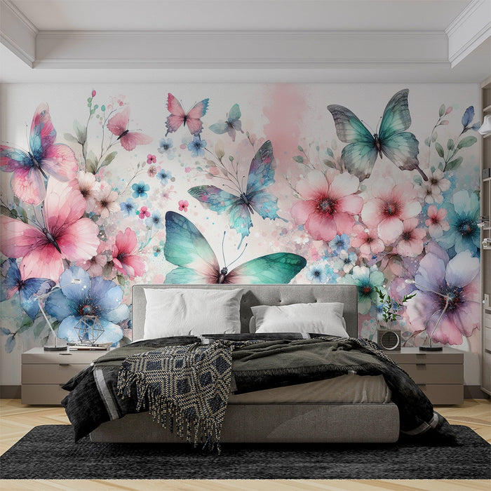 Papel de parede do mural da borboleta | Flores em aquarela azul, rosa e verde