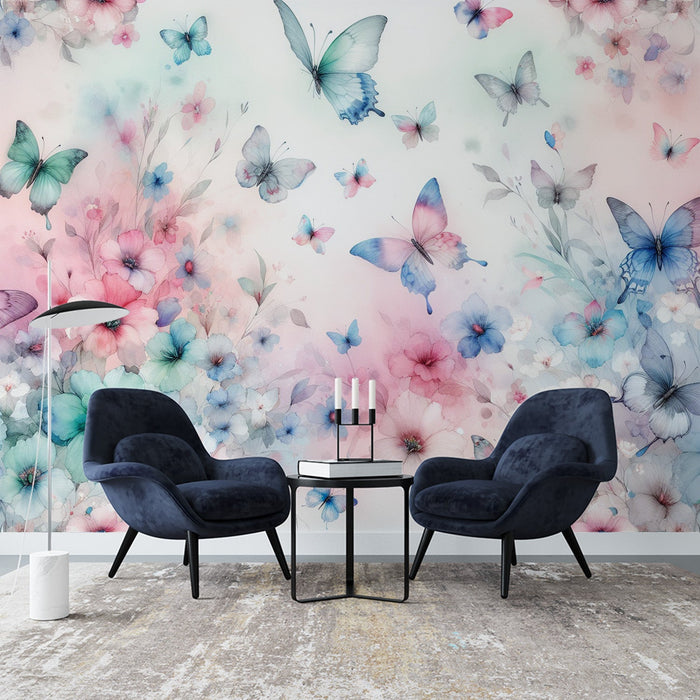 Butterfly Mural Wallpaper | Multicolored Watercolor of Butterflies and Flowers