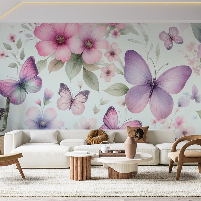 Butterfly Mural Wallpaper | With Purple and Pink Toned Flowers