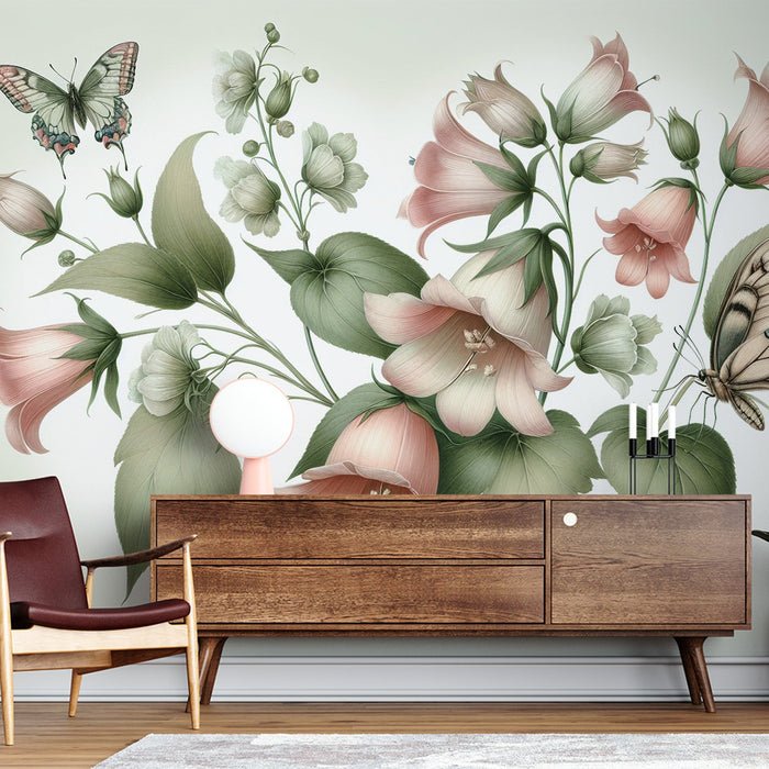 Butterfly Mural Wallpaper | Pink Bellflowers and Foliage