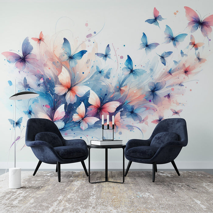 Papel de parede de mural de borboleta | Voo de borboletas em aquarela rosa e azul