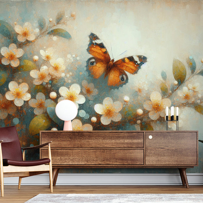 Butterfly Mural Wallpaper | Cherry Blossoms with Butterfly in Painting