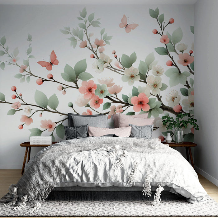 Butterfly Mural Wallpaper | Pink and White Cherry Blossoms