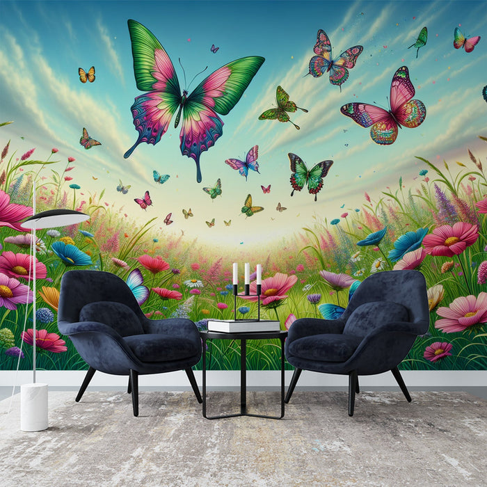 Butterfly Mural Wallpaper | Colorful Field Flowers with Greenery