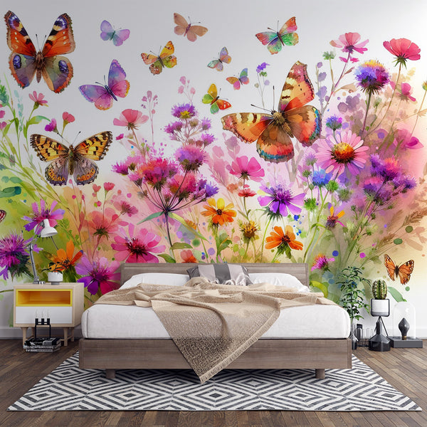 bloemen behang met vlinders wit geel - vliesbehang bloemen en dieren