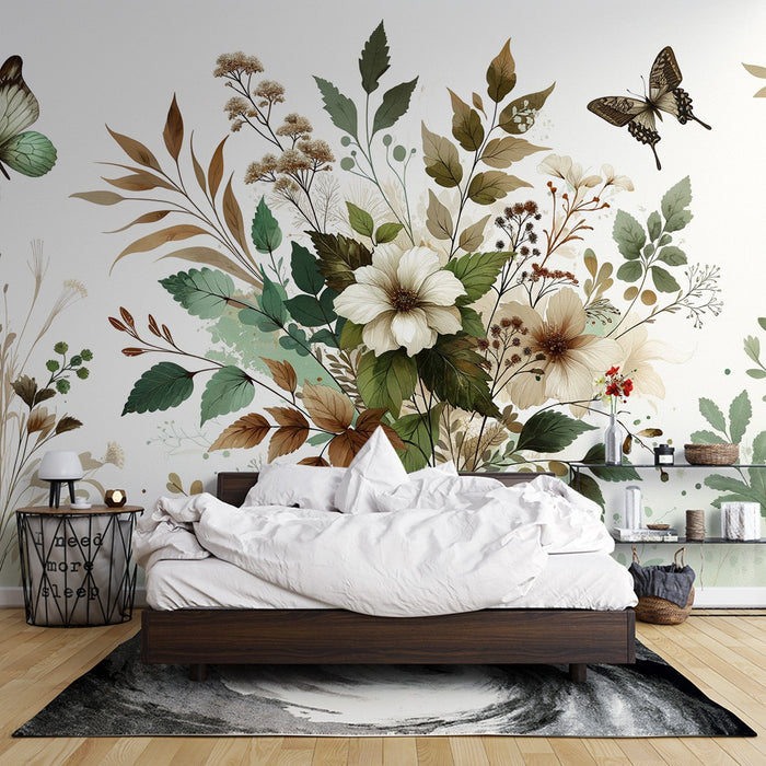 Vlinderbehang | Groene en witte bloemen en bladeren in vintage stijl