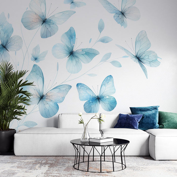 Butterfly Mural Wallpaper | Blue Flowers and Butterflies on a Light Background