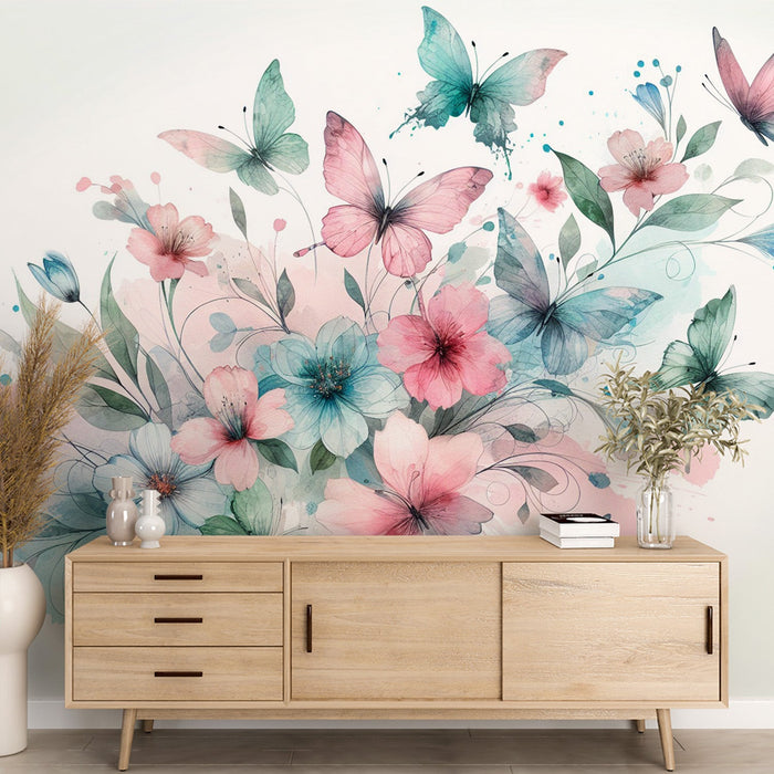 Papel de parede de mural de borboleta | Flores e pétalas coloridas em aquarela
