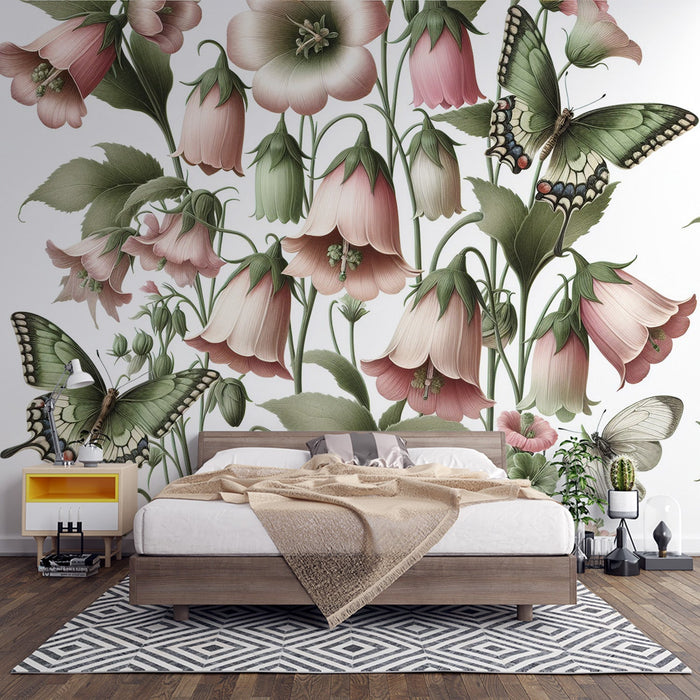 Butterfly Mural Wallpaper | Pink Flowers with Green Foliage and Butterflies