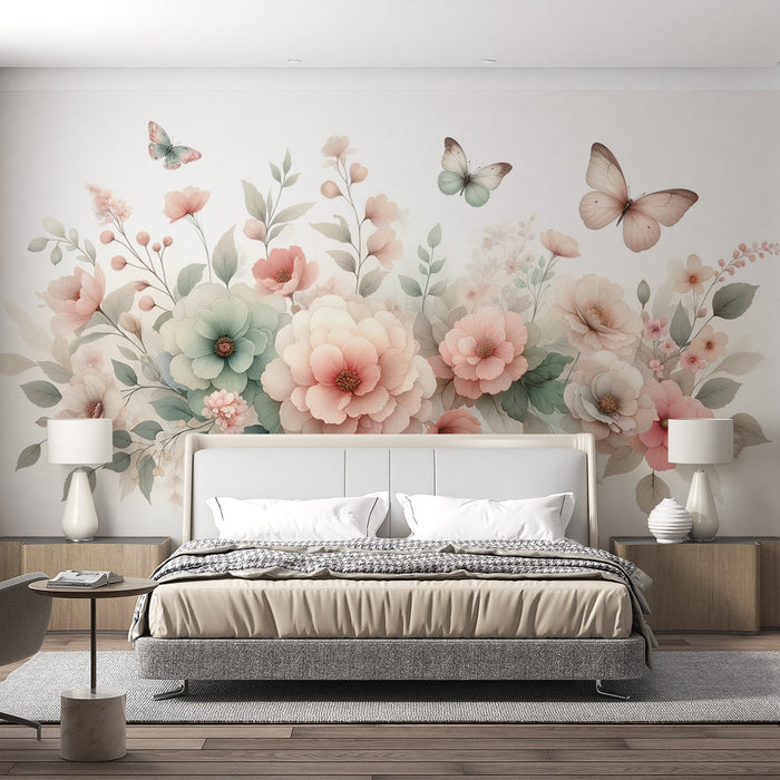 Butterfly Mural Wallpaper | Pink and Blue Flowers