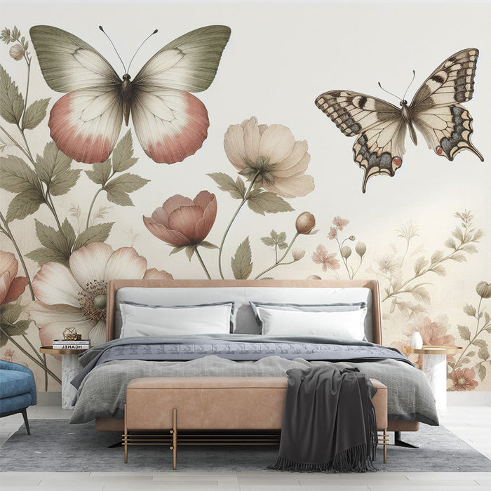 Butterfly Mural Wallpaper | Vintage Flowers and Butterfly Duo